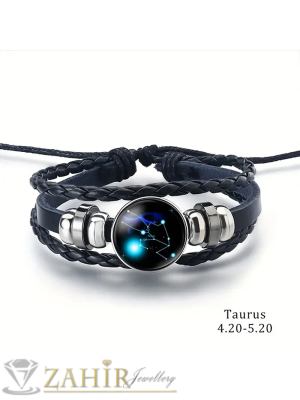 АМУЛЕТ Гривна със СЪЗВЕЗДИЕ ТЕЛЕЦ – овална метална плочка 1,8 см, естествена черна кожа и регулируема дължина за перфектно прилягане- ZG1213